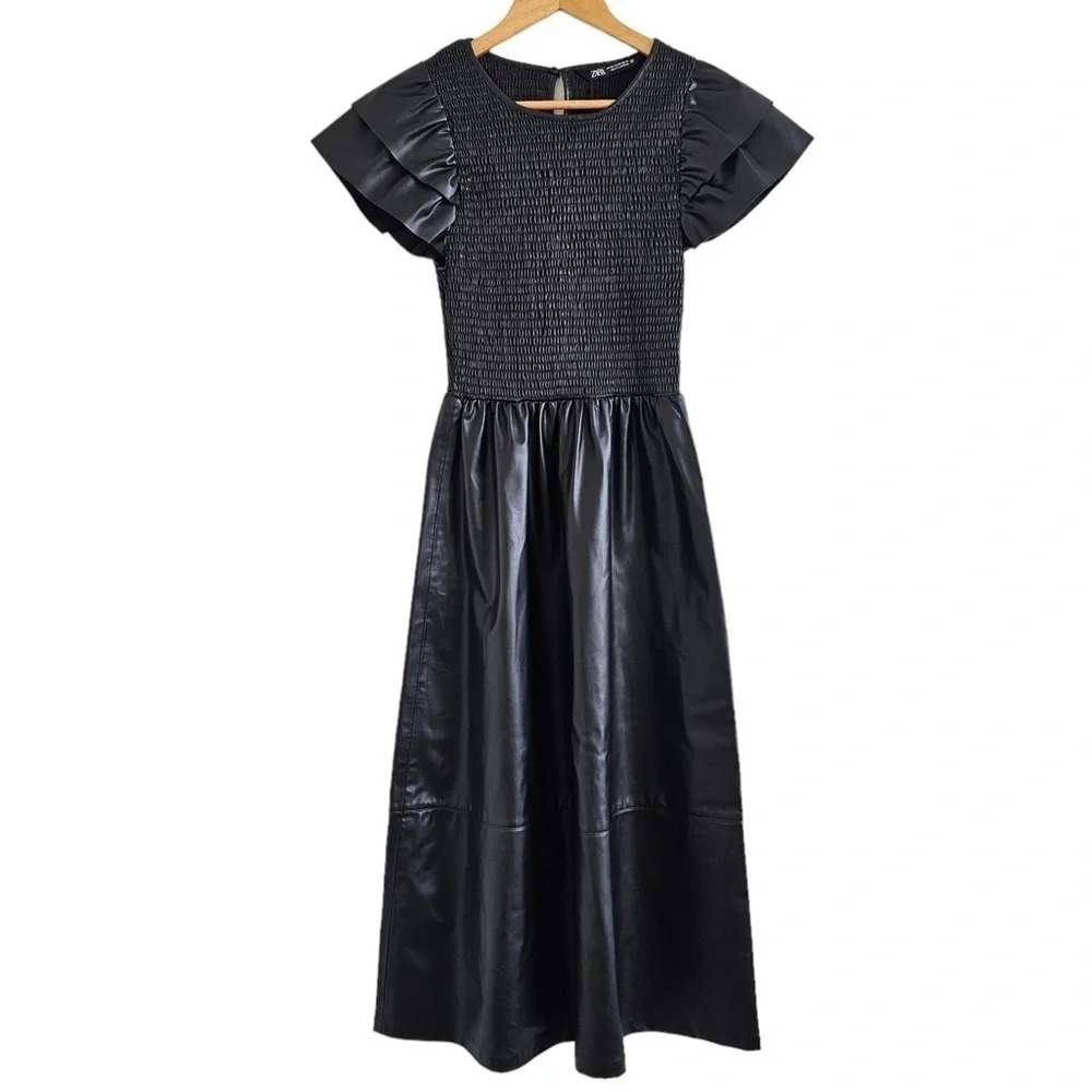 Zara vegan leather smocked ruffle sleeve maxi dress black XS NWT